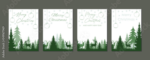 set of christmas forest landscape with deers, collection of printable holiday greeting card templates, tags, social media stories