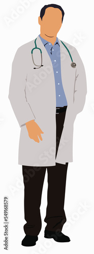 Male Doctor With Stethoscope Wearing White Coat Standing.