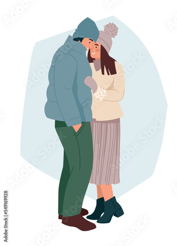 The lovers embrace and kiss. Man and woman in winter clothes. Romance, hugs. Vector image.