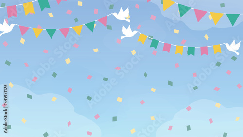 ガーランドを咥えた鳥たちが青空に飛んでいるお祝いのイメージ背景イラスト
