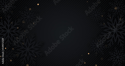 Luxury background with snowflakes and golden bokeh. Glowing sequins. Abstract black and gold elegant banner. New year 2023 greeting card. Deluxe Merry Christmas BG. Premium sale ad backdrop. Stripes