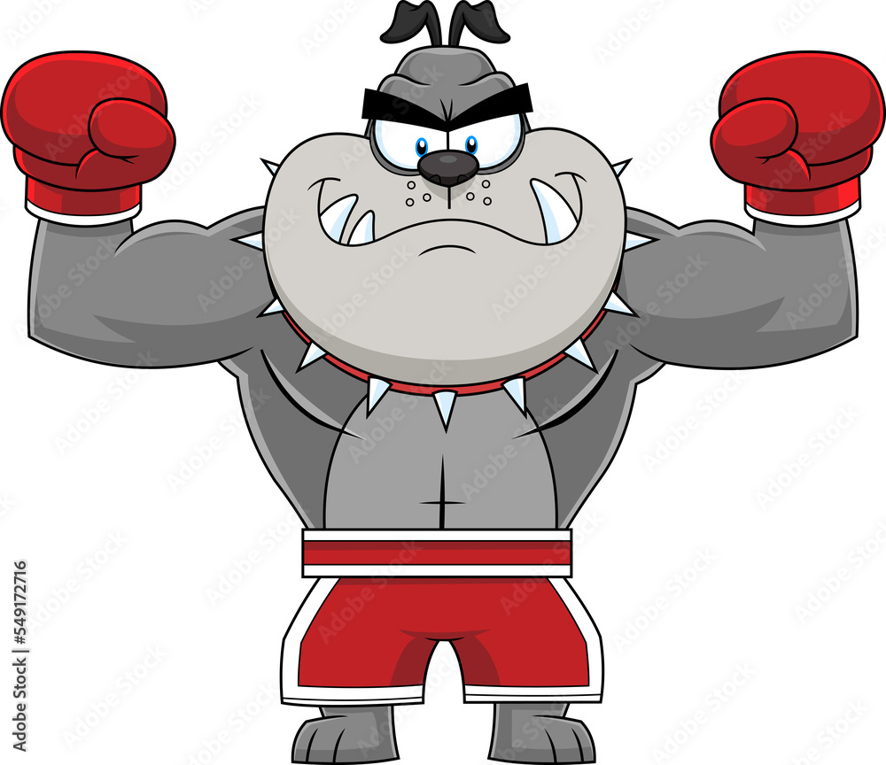 Gray Bulldog Cartoon Character Boxing Champion In Red Boxing Shorts Wearing Red Boxing Gloves