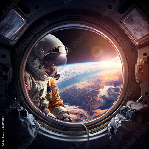 Space explorer, astronaut on the Earth obit, view through the space station window. Stunning photorealistic illustration generated by Ai