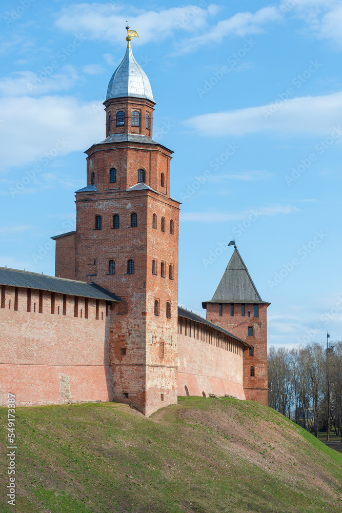 Kokuy tower in the Kremlin of Veliky Novgorod on a sunny April day. Russia