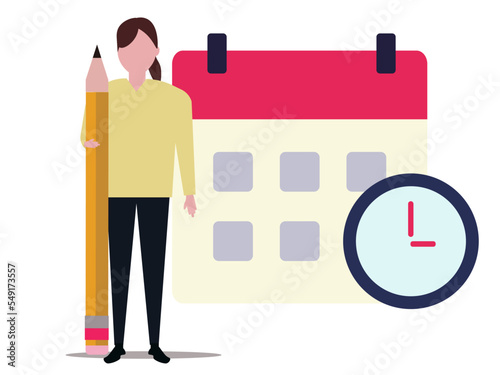 カレンダーで予定を立てる女性。休日、時計、時間。ベクターイラスト