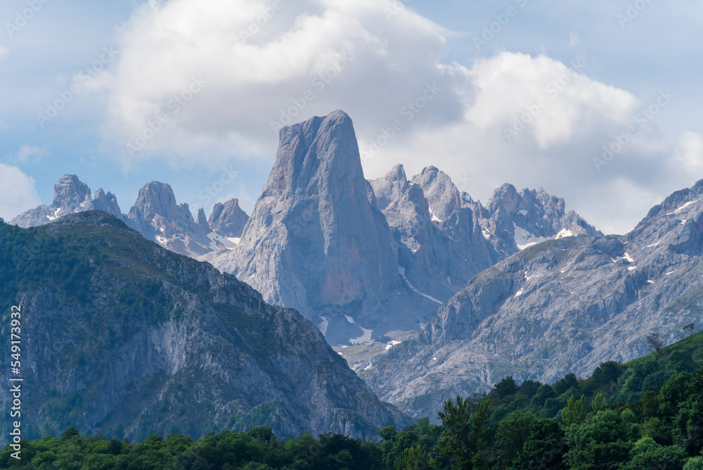 Panoramic view of Picu Urriellu or Naranjo de Bulnes in the Picos de Europa, the best-known summit of the mountain chain