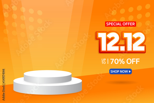 12.12 Shopping day. Special offer Mega sale 70% off with realistic podium. Banner background vector illustration