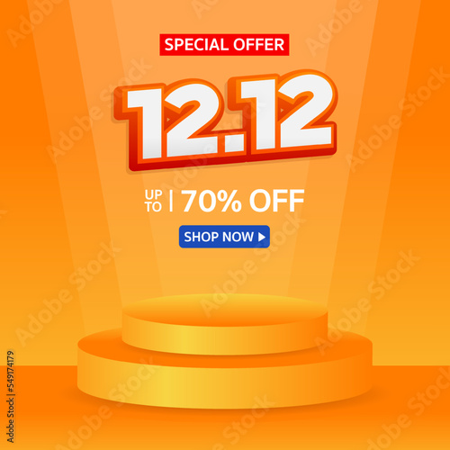 12.12 Shopping day. Special offer Mega sale 70% off with realistic podium. Banner background vector illustration