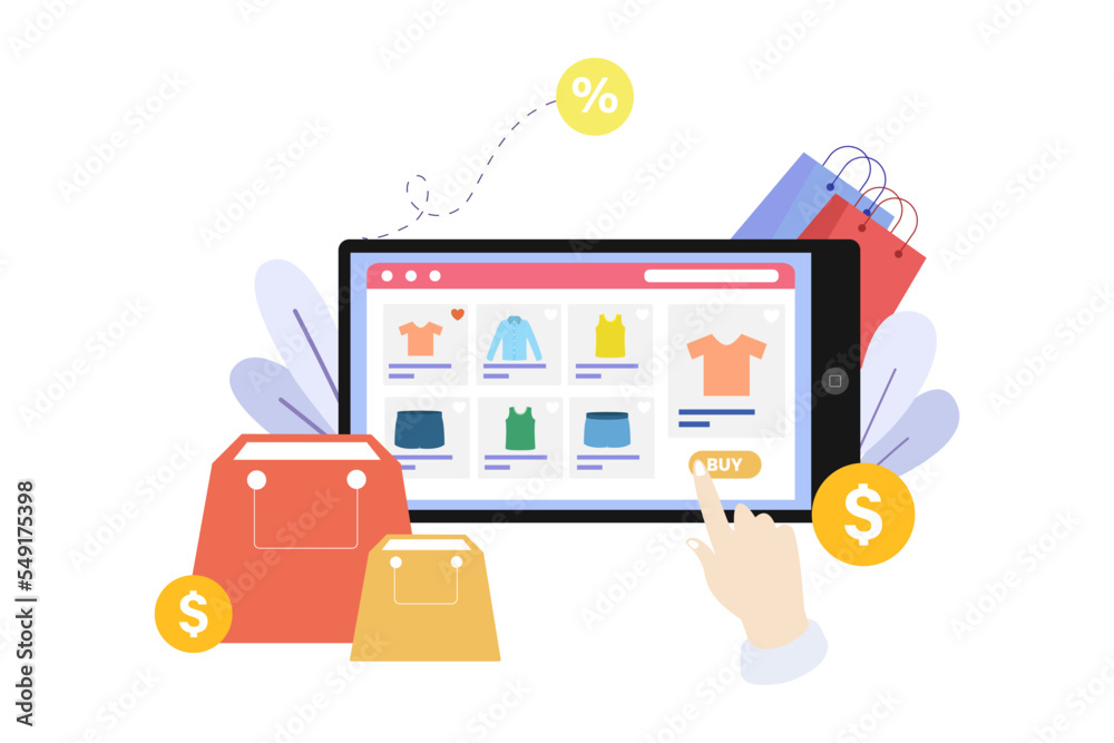 Customer Choose and Buy Fashion Items on Online Ecommerce Marketplace on mobile Screen vector illustration design. Customer Choose and Buy Fashion Items on Online Ecommerce Marketplace on mobile Screen vector illustration design.