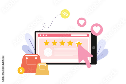 Online Customers satisfaction, clients leave five-star rating and positive feedback concept, online shopping vector illustration.