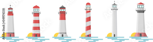 Big set of flat lighthouses isolated. Red, orange, white lighthouse on the water against the background of the sunset. Lighthouse tower with a ray of light.