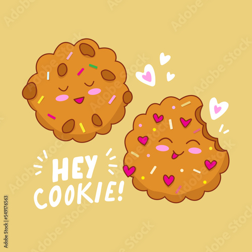 Cute Kawaii Choco Chip Cookies. Cartoon Character with Hey Cookie sign.