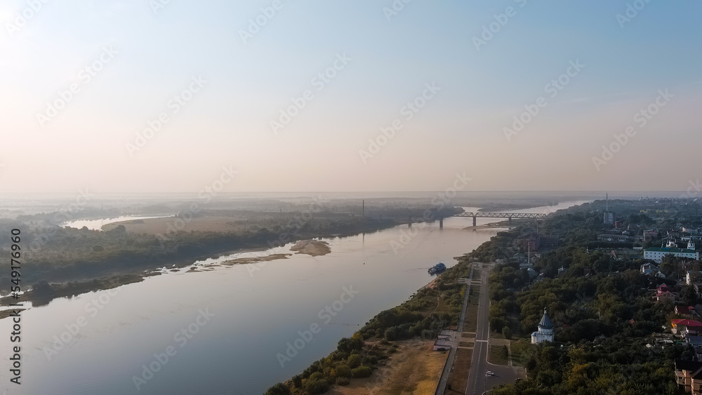Murom, Russia. Oka River, Floodplain. Railway bridge across the Oka River, Aerial View