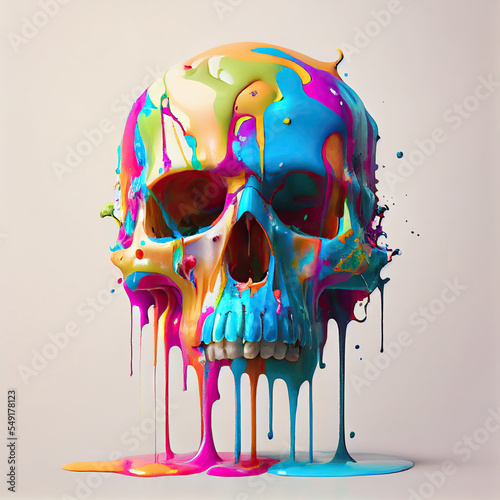 A human skull covered in colorful paint dripping off it.  photo