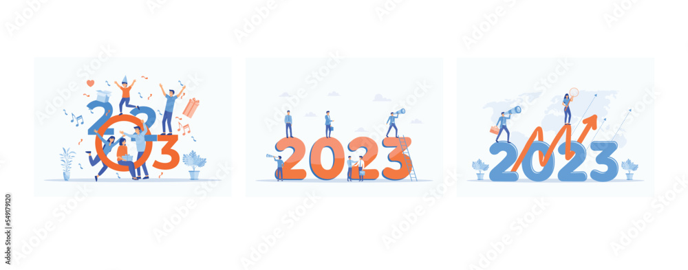 Happy New Year 2023 greeting card, Business team seeking new opportunities, Leadership. Vision. Achievement, set flat vector modern illustration