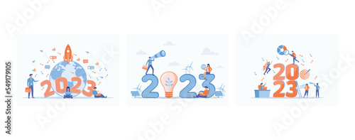 New year of new discoveries and achievements  Business 2023 New Year ESG or ecology problem Trends project  Happy new year 2023  set flat vector modern illustration