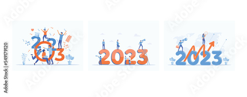 Happy New Year 2023 greeting card, Business team seeking new opportunities, Leadership. Vision. Achievement, set flat vector modern illustration