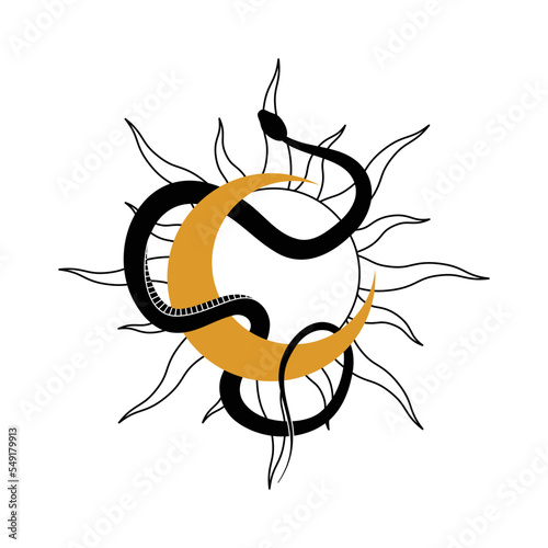 Mystical composition with wriggling black snake, gold crescent moon and sun. Boho style esotericism. Magic illustration