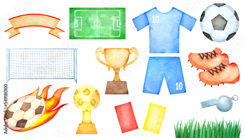 サッカーの水彩風背景透過イラストセット。サッカーボール、サッカーシューズ、ユニフォーム、ゴールドカップ、サッカーネット、イエローカード、レッドカード、サッカーのフィールドなどのかわいいイラスト。