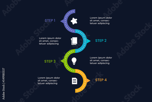Infographic template with four elements options in vertical timeline for business success.