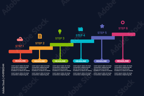 6 steps process with staircase infographic template for business presentation banner