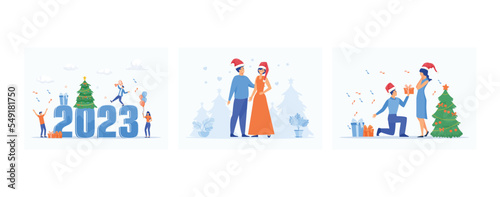 Business people celebrate new year concept  Couple of young people on Christmas Day  Man gives a woman a gift for Christmas  set flat vector modern illustration