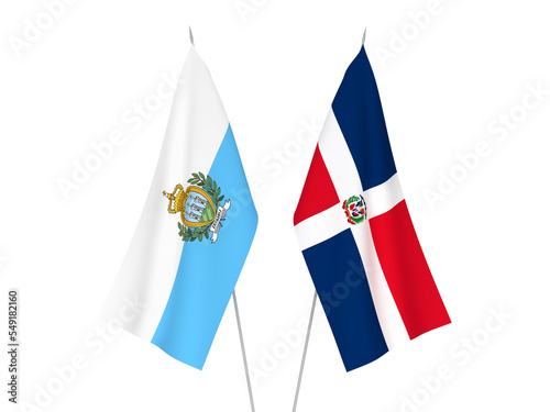 National fabric flags of San Marino and Dominican Republic isolated on white background. 3d rendering illustration.