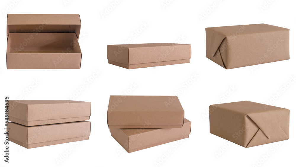 Set of Brown craft paper box on white background. Object with clipping path Set of Brown craft paper box on white background. Object with clipping path