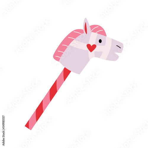 Cute xmas straight stick grey horse with white bridle with heart. Wooden hobby horse toy. Childs wooden riding toy animal for baby. Cowboy kid toy. Merry Christmas and New Year. Flat vector.