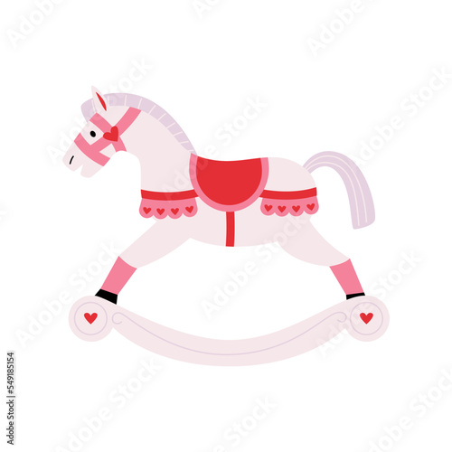 Cute xmas rocking white horse with pink ruffle with hearts. Wooden swinging horse toy. Kids First Toys for newborn babies. Cowboy toy with wheels. Merry Christmas and New Year. Flat vector.