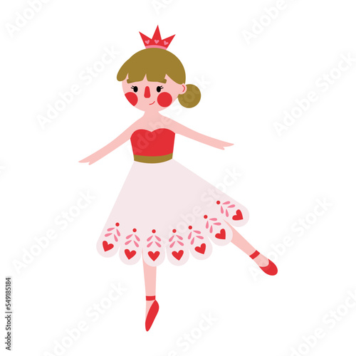 Christmas character ballerina princess in pink dress with hearts. Winter tale ballet Nutcracker story. Antique traditional figurine doll. Holiday character romantic in seasonal clothes. Flat vector.