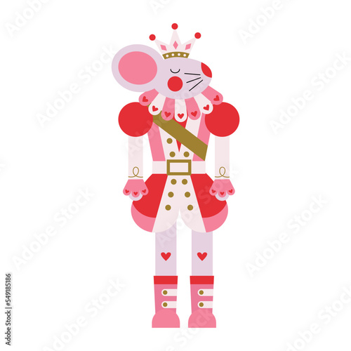 Christmas character mouse king in pink costume with red hearts. Winter tale ballet Nutcracker story. Antique traditional figurine doll. Holiday character romantic in seasonal clothes. Flat vector.