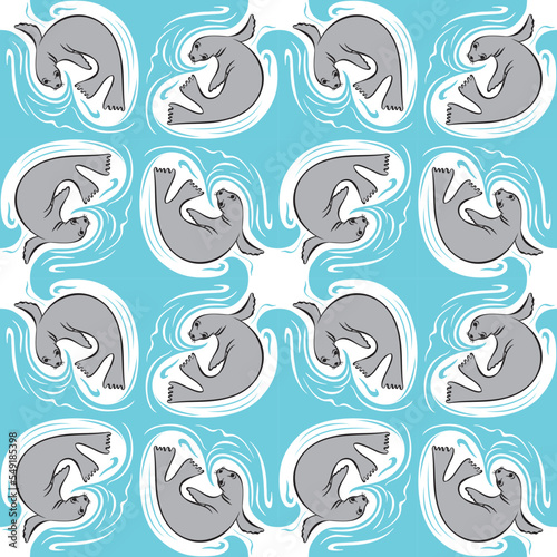 Cute fur seal animal seamless pattern. Gray Swimming sea lion in the water. Hand drawn vector illustration. isolated on blue background. Design for wrapping paper, wallpaper, texture for fabric.