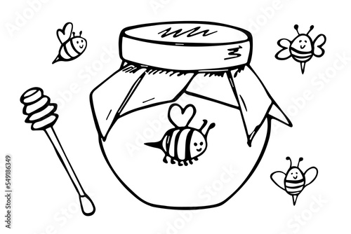 Hand drawn honey jar clipart. Healthy natural organic product doodle.