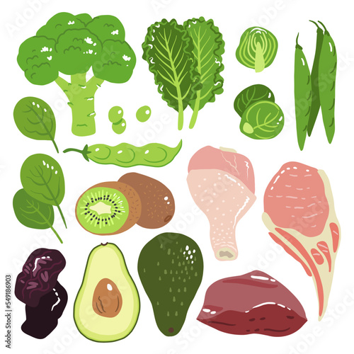 Vitamin k vector stock illustration. Food products with a high content of the vitamin k1 and k2. prunes, liver, pork chops, broccoli, green beans and peas, kale, spinach and brussels sprout.