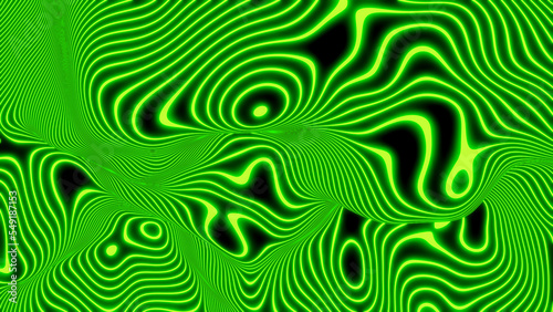 Abstract neon glowing background, 3D green lines on black, interesting striped modern technology and science design, 3D render illustration. 