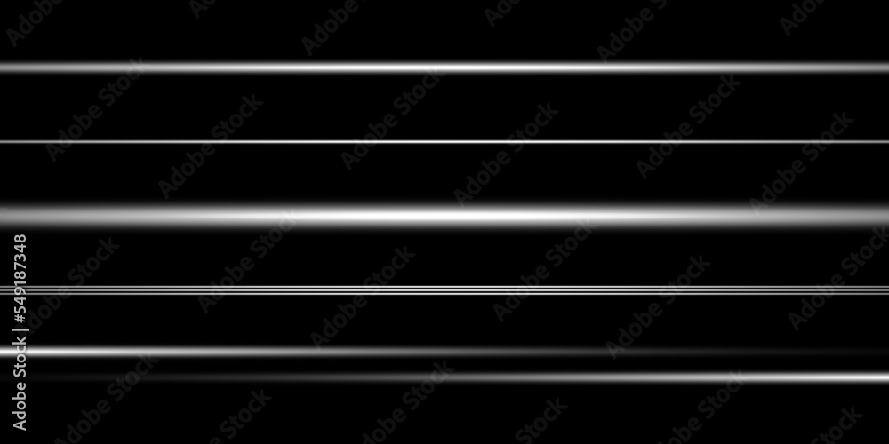 Set of white horizontal highlights, lines. Laser beams, horizontal beams of light. Beautiful light flashes. Glowing stripes on a transparent background. Set of white horizontal highlights, lines. Laser beams, horizontal beams of light. Beautiful light flashes. Glowing stripes on a transparent background.