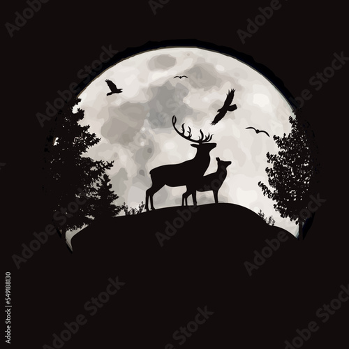 Vector silhouette of a deer on a hill on the background of the moon. Symbol of night and wild animal.
