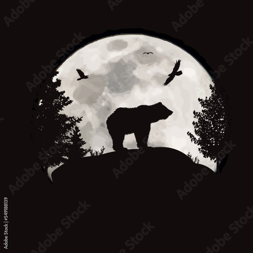 Vector silhouette of a bear on a hill on the background of the moon. Symbol of night and wild animal.