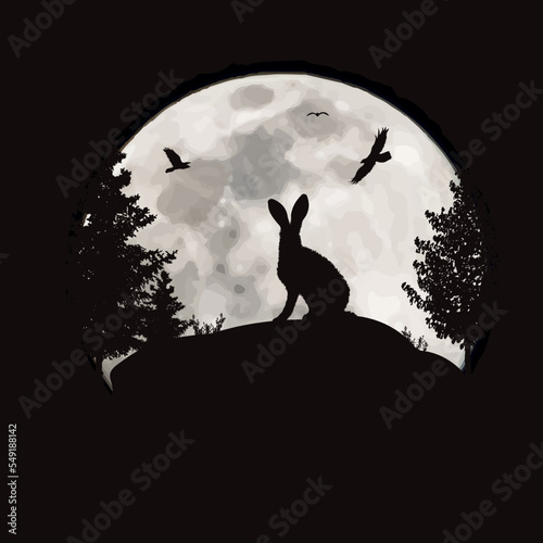 Vector silhouette of a hare on a hill on the background of the moon. Symbol of night and wild animal.