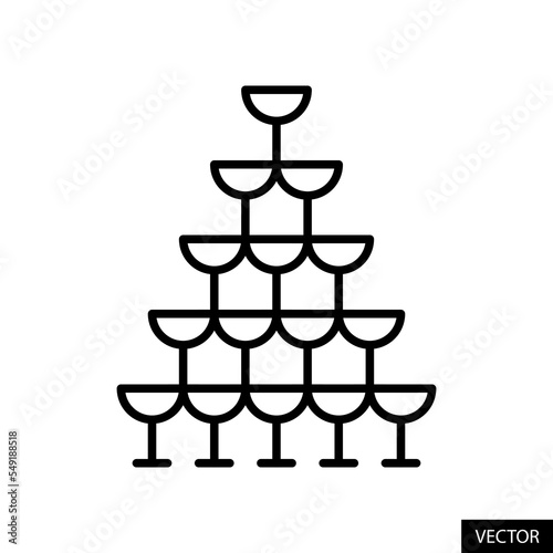 Tower of empty champagne glasses, Glass pyramid vector icon in line style design for website, app, UI, isolated on white background. Editable stroke. Vector illustration.