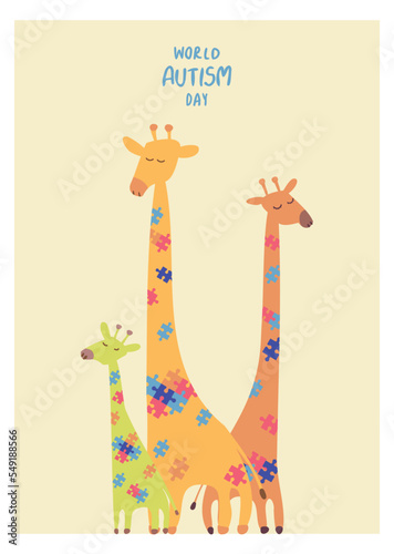 World Autism Day. Cartoon of giraffe fammily with rainbow jigsaw puzzle.The Autism dicease symbolic. photo