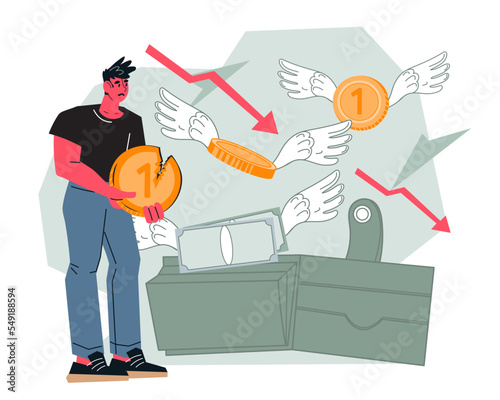 Bankruptcy or budget recession, financial crash concept of banner, flat vector illustration isolated on white background. Bankruptcy and losing money, decrease in income and inflation.