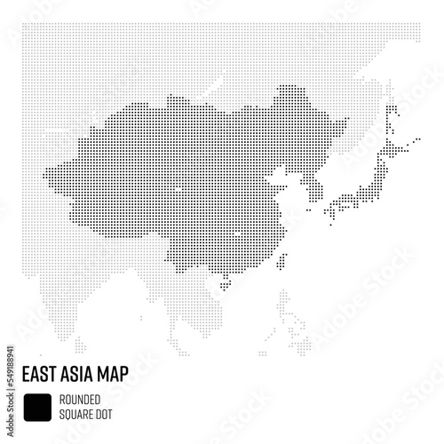 世界地図ドット粗め 丸みのある四角 東アジア地域 国別にグループ