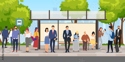 group of people urban commuters waiting for bus at station