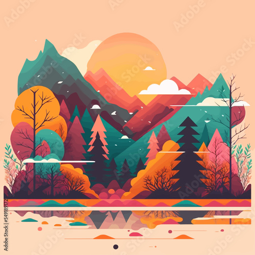 Nature Mountain Forest Jungle Landscape Background in Vector Flat Color