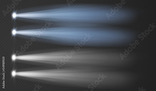 Automotive light, glow transport led spotlight. Illuminating headlight in white and blue on a transparent dark background.