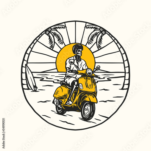 Vintage Scooter Motorcycle Adventure, Motocross Club. Hand drawn Vector illustration