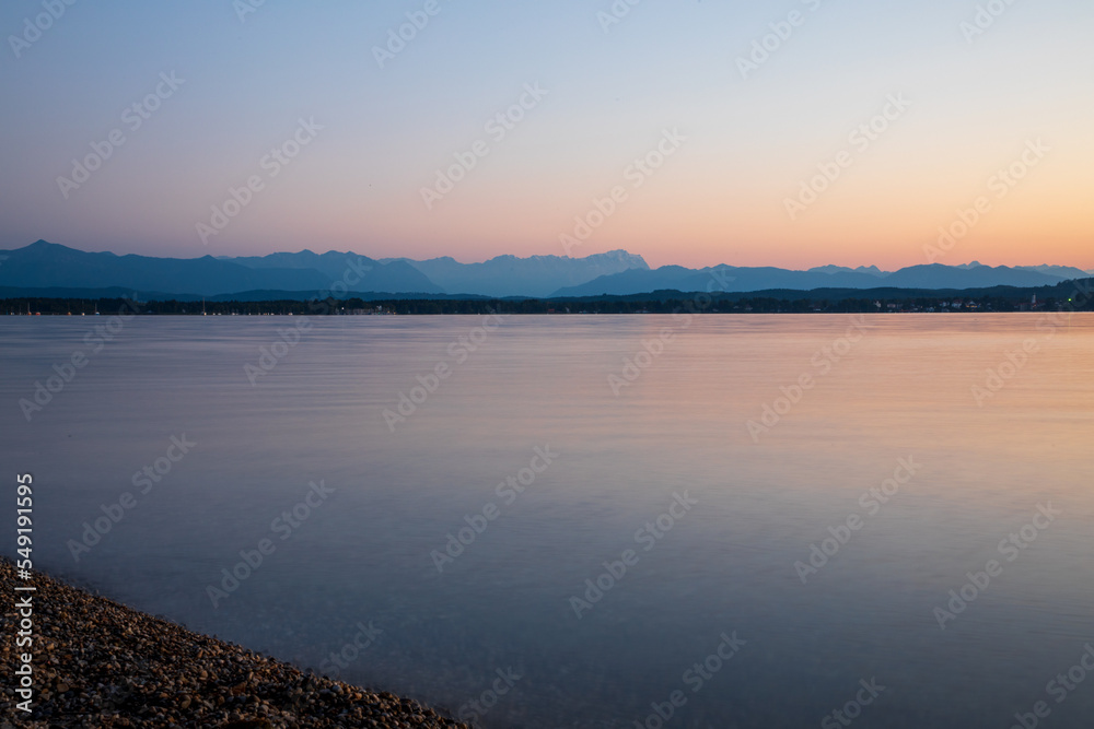 medidation at the lake shore, beautifull panoramic lake shore - lake Starnberg