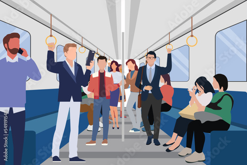people urban commuters sitting and standing inside a subway car